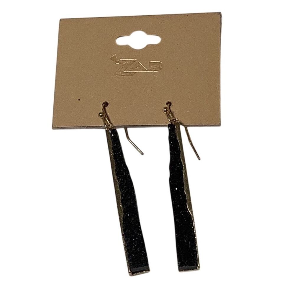 ZAD Gold Tone Black Glitter Stone Bar Dangle Drop Earrings Statement Edgy A30-20